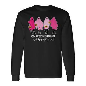 On Wednesday We Were Pink Ghost Breast Cancer Halloween Long Sleeve T-Shirt - Thegiftio UK