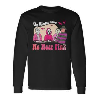 On Wednesday We Wear Pink Halloween Character Long Sleeve T-Shirt | Mazezy