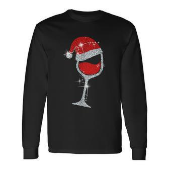 Wine Glasses Santa Hat Bling Christmas Wine Lover Long Sleeve T-Shirt - Seseable