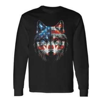 Wolf American Flag Usa 4Th Of July Patriotic Wolf Lover Patriotic Long Sleeve T-Shirt T-Shirt | Mazezy