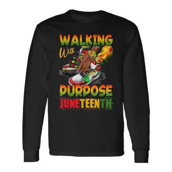 Youth Shoes Steppin Into Junenth Walking With Purpose Long Sleeve T-Shirt | Mazezy
