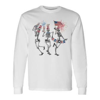 4Th Of July Dancing Skeleton American Flag Stars And Stripes Dancing Long Sleeve T-Shirt T-Shirt | Mazezy