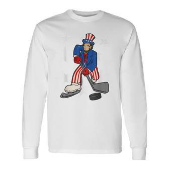 Abraham Lincoln Playing Hockey 4Th Of July Hockey Long Sleeve T-Shirt | Mazezy
