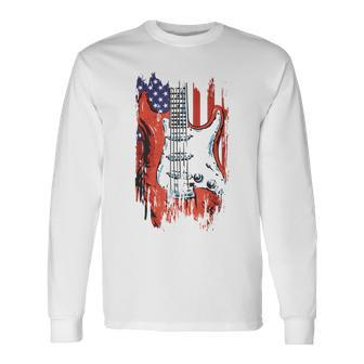 American Flag Guitar 4Th Of July Guitarist Usa Country Music Long Sleeve T-Shirt - Seseable