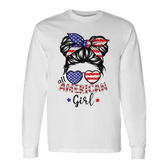 All American Girls 4Th Of July Messy Bun Girl Long Sleeve T-Shirt - Monsterry AU