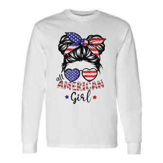 All American Girls 4Th Of July Messy Bun Girl Long Sleeve T-Shirt | Mazezy