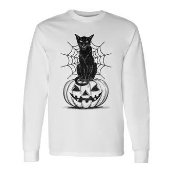 Black Cat Scary Halloween Pumpkin Costume Cat Lovers Long Sleeve T-Shirt | Mazezy