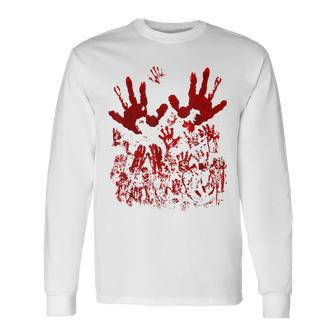 Bloody Handprint Red Blood Splatters Zombie Outbreak Costume Handprint Long Sleeve T-Shirt | Mazezy