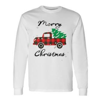 Buffalo Plaid Christmas Tree Cute Red Truck Xmas Long Sleeve T-Shirt | Mazezy