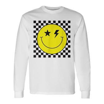 Checkered Lightning Eyes Yellow Smile Face Happy Face Long Sleeve T-Shirt - Seseable