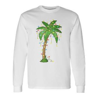 Christmas Lights Palm Tree Beach Tropical Xmas Long Sleeve T-Shirt - Monsterry