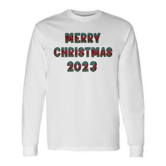 Christmas Plaid Doodle Letters Alpha Merry Christmas 2023 Long Sleeve T-Shirt | Mazezy