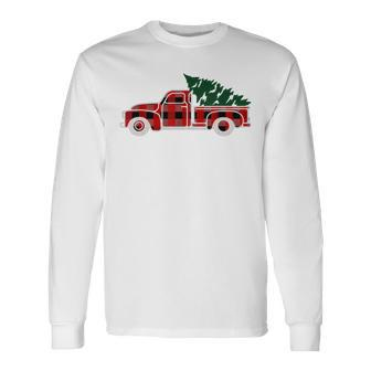 Christmas Vintage Truck Tree Buffalo Checkered Plaid T Long Sleeve T-Shirt | Mazezy