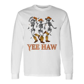 Cowboy Skeleton Dancing Yeehaw Western Halloween Long Sleeve T-Shirt | Mazezy