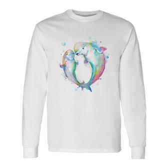 Cute Beluga Whale Couples Watercolor Colorful Long Sleeve T-Shirt - Monsterry