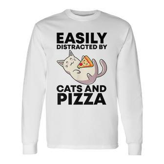 Easily Distracted By Cats And Pizza Kawaii Cat Lovers Long Sleeve - Seseable