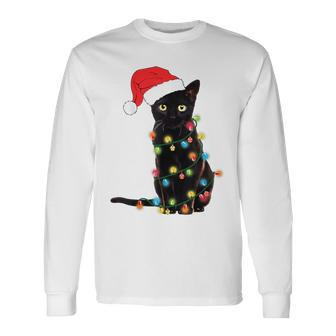 Black Cat Christmas Light Cat Lover Christmas Long Sleeve T-Shirt - Seseable