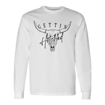Getting Hitched Rowdy Cow Skull Western Bachelorette Bride Long Sleeve - Seseable