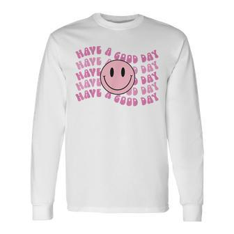 Have A Good Day Pink Smile Face Preppy Aesthetic Trendy Long Sleeve T-Shirt - Seseable