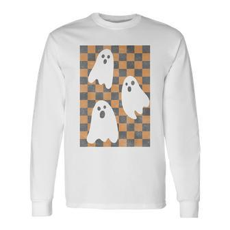 Halloween Ghosts Spooky Season Checker Board Distressed Long Sleeve T-Shirt - Monsterry DE