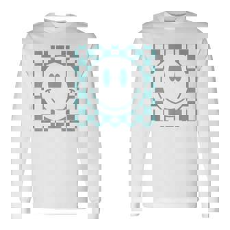 Happy Face 70S Vintage Checkered Pattern Retro Smile Face Long Sleeve T-Shirt - Thegiftio