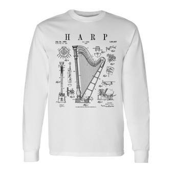 Harp Vintage Patent Harpist Drawing Print Long Sleeve T-Shirt | Mazezy