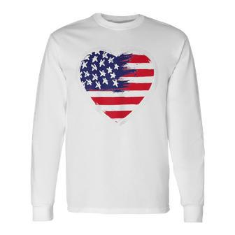 Heart Us Flag 4Th Of July Patriotic American Stars Stripes Long Sleeve T-Shirt - Seseable