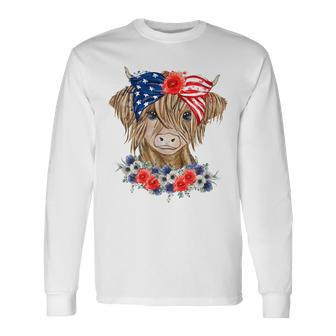 Highland Cow Heifer Bandana American Flag 4Th Of July Long Sleeve T-Shirt | Mazezy