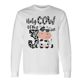 Holy Cow Im 3 Birthday Boy 3Rd Cow Farm Animals Bday Long Sleeve T-Shirt | Mazezy
