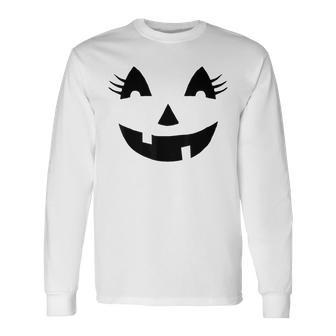 Jack O Lantern Face Pumpkin Eyelashes Hallowen Costume Long Sleeve T-Shirt | Mazezy