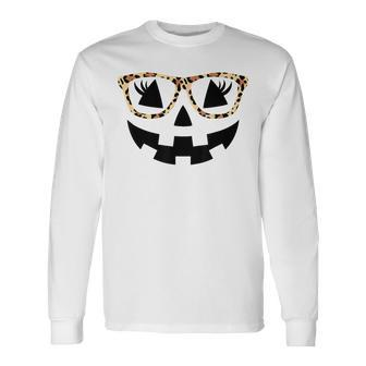 Jack O Lantern Face Pumpkin Hallowen Leopard Print Glasses Long Sleeve - Monsterry