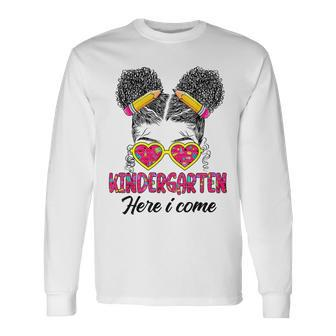 Kindergarten Here I Come Messy Bun Back To School Afro Girls Long Sleeve T-Shirt T-Shirt | Mazezy