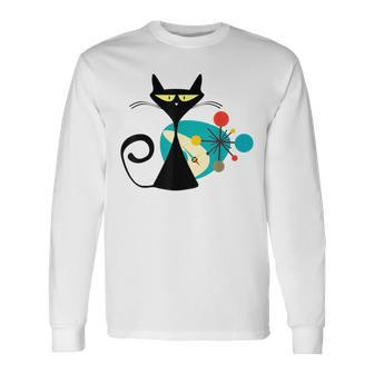 Midcentury Mid Century Cat Retro Atomic Age Space Modern Long Sleeve T-Shirt - Monsterry