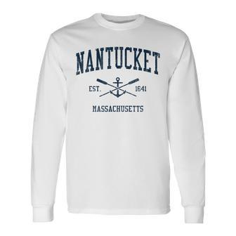 Nantucket Ma Vintage Navy Crossed Oars & Boat Anchor Long Sleeve T-Shirt | Mazezy
