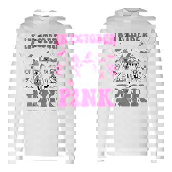 In October We Wear Pink Breast Cancer Ghosts Halloween Long Sleeve T-Shirt | Mazezy