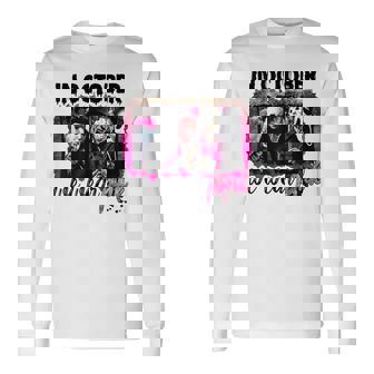 In October We Wear Pink Horror Movie Halloween Breast Cancer Long Sleeve T-Shirt | Mazezy