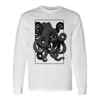 Octopus And Skull Tattoo Pen And Ink Inspired Graphic Octopus Long Sleeve T-Shirt | Mazezy