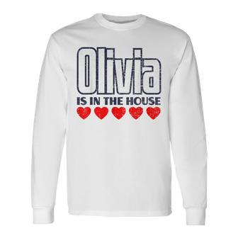 Olivia Is In The House Retro Hearts First Name Love Olivia Long Sleeve T-Shirt | Mazezy