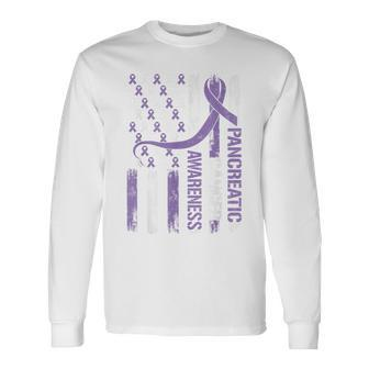 Pancreatic Cancer Awareness Month American Flag Ribbon Long Sleeve T-Shirt - Seseable