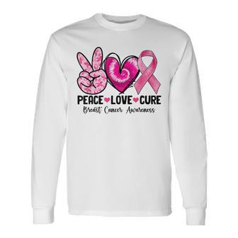 Peace Love Cure Breast Cancer Awareness Warrior Pink Ribbon Long Sleeve T-Shirt - Seseable