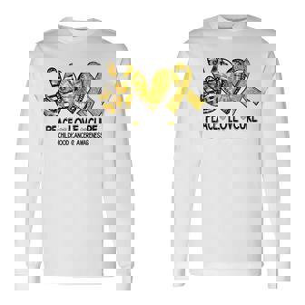 Peace Love Cure Childhood Cancer Awareness Gold Ribbon Long Sleeve - Monsterry