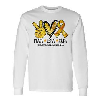 Peace Love Cure Childhood Cancer Awareness Gold Ribbon Long Sleeve - Seseable