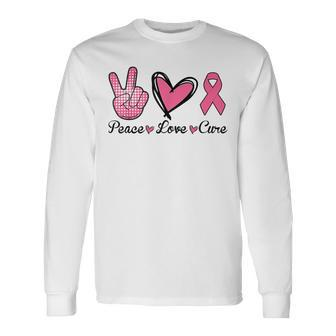Peace Love Cure Heart Pink Ribbon Breast Cancer Awareness Long Sleeve - Seseable