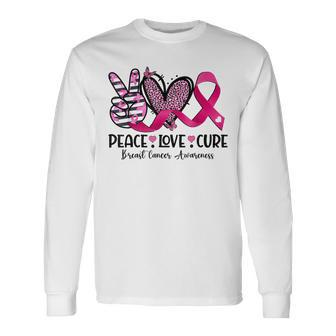 Peace Love Cure Pink Ribbon Leopard Cancer Breast Awareness Long Sleeve T-Shirt | Mazezy
