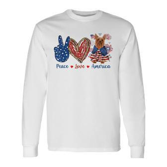 Peace Love Silky Terrier Dog Patriotic America Flag 4Th July Long Sleeve T-Shirt | Mazezy