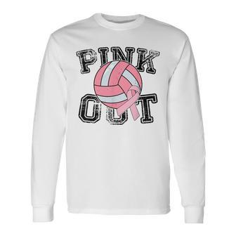 Pink Out Breast Cancer Awareness Pink Ribbon Volleyball Long Sleeve T-Shirt - Seseable