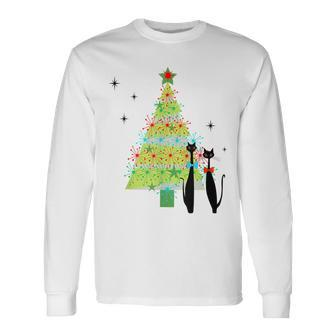 Retro Mid Century Modern Cool Cat Christmas Tree Long Sleeve T-Shirt - Seseable