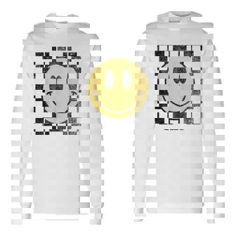Retro Happy Face 70S Distressed Checkered Pattern Smile Face Long Sleeve T-Shirt - Thegiftio