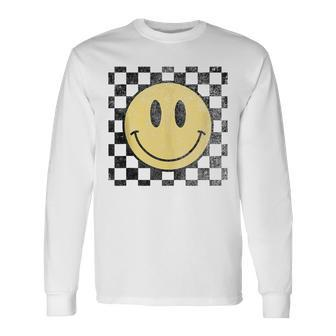 Retro Happy Face 70S Distressed Checkered Pattern Smile Face Long Sleeve T-Shirt - Monsterry UK