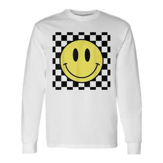 Retro Happy Face 70S Vintage Checkered Pattern Smile Face Long Sleeve T-Shirt | Mazezy